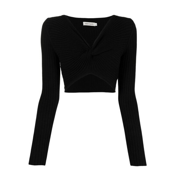 Anna Quan Pascale Cropped Top Black Sz 6 Long Sleeves Ribbed knit Knot-front - Picture 2 of 8